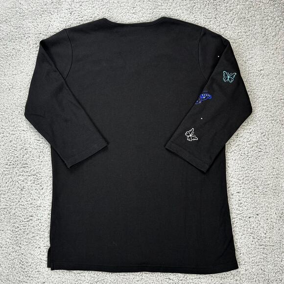 Quacker Factory Short Sleeve Pullover Shirt Black Blue Butterflies Size XS - Picture 7 of 8